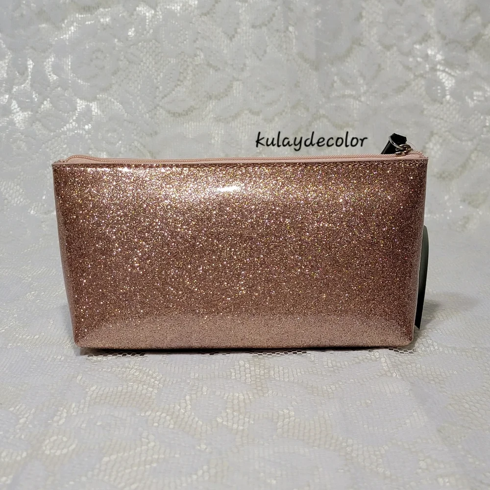Kate Spade Clutch Makeup Bag Little Shilo Rose Gold Glitter Cosmetic Pouch NWT